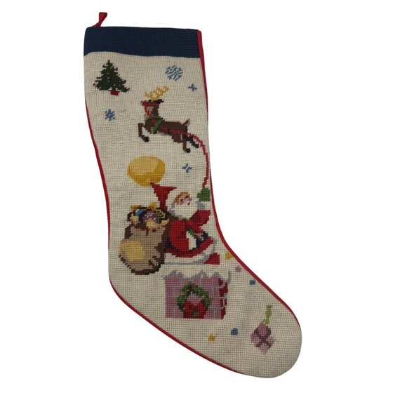 Vintage Embroidered Wool Christmas Stocking Santa Chimney Reindeer Moon - Picture 1 of 6